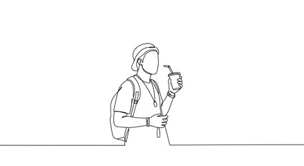 Person enjoying a drink with backpack against a simple background  