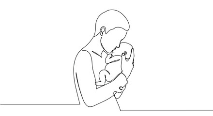 Fototapeta premium Father embracing newborn baby with love in minimalist line art 