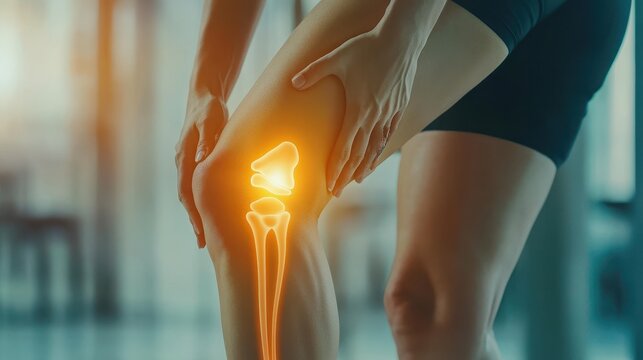 A woman suffering from knee pain due to an injury, tendon problems from a workout, osteoarthritis, and articular inflammation, with a focus on the discomfort and impact on daily life.