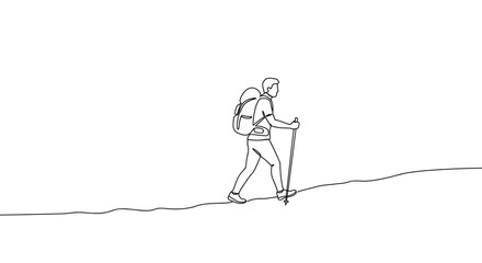 Person hiking with a backpack along a trail in a minimalist style  