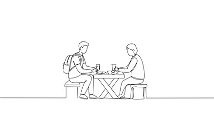 Two Friends Enjoying Beverages at a Simple Outdoor Table  
