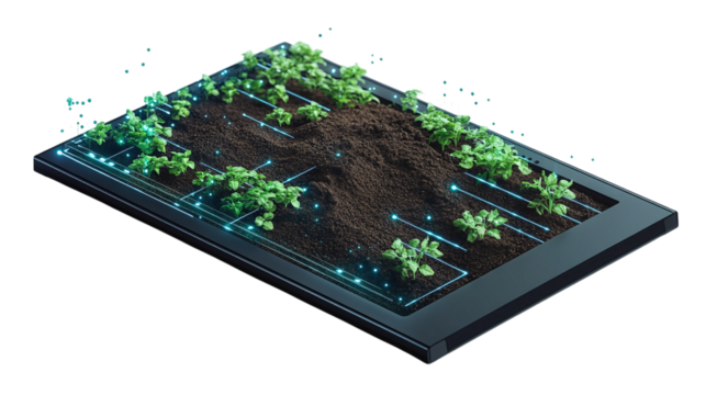 Floating AI-powered soil regeneration monitoring dashboard, isolated, PNG format, transparent background. Varient 3