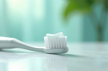 A close-up of a perfectly white toothbrush with a carefully applied drop of clear toothpaste that shimmers slightly in the light.