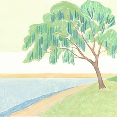 tree and a river illustration painting