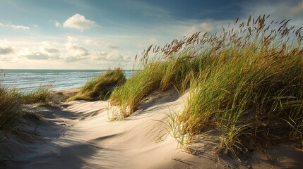 Windswept Beach Dune with Soft Sand and Green Grass Landscape