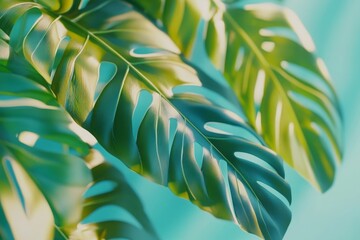 Close-up view of vibrant tropical leaves against a teal backdrop.