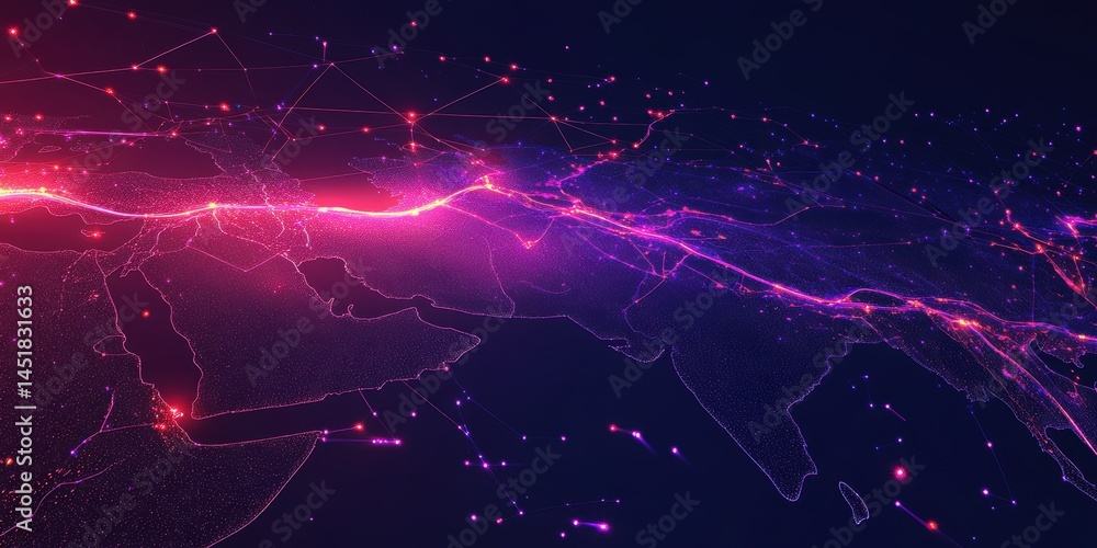 Poster abstract glowing stream with particles in red and purple hues on a dark background, conveying a sens