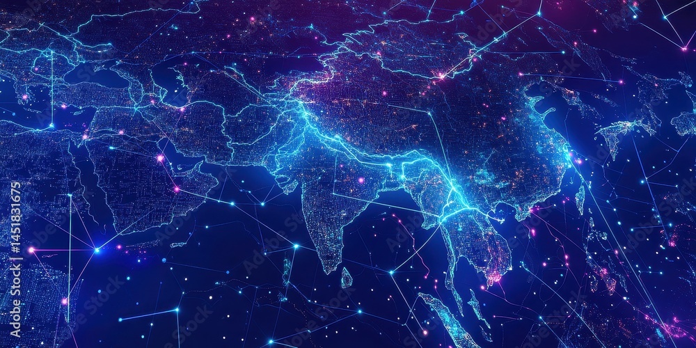 Poster Abstract Glowing World Map with Blue and Purple Hues Depicting Global Network of Interconnected Points and Digital Communication on a Dark Background