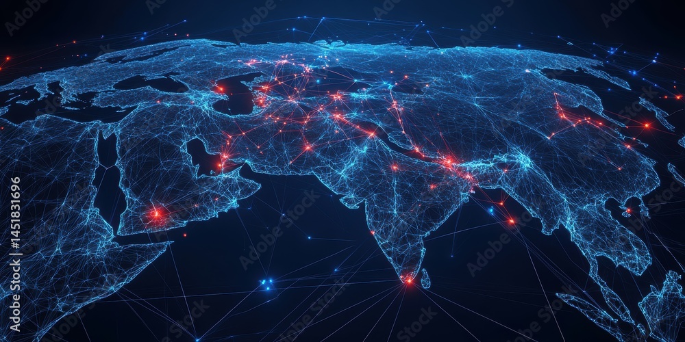 Poster Abstract Glowing World Map with Blue Light and Red Points in Dark Background Representing Global Connection Technology and Digital Communication