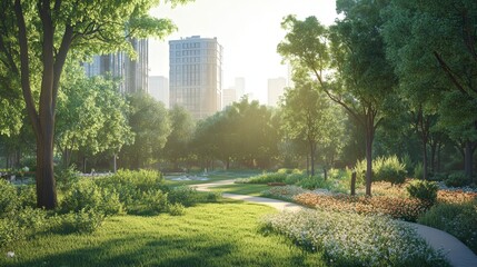 Fototapeta premium In the heart of a busy city, a lush park on a sunny summer morning offers a refreshing contrast to the surrounding skyscrapers and urban sprawl.