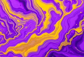 Fluid violet & yellow acrylic pour, gold glitter, contemporary art texture, luxury, contemporary