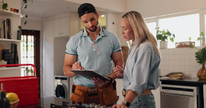 Clipboard, repair or handyman with woman in kitchen for maintenance, installation service or home renovation. Discussion, inspection or man with checklist for client information, insurance or invoice