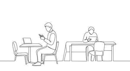 Two people using devices in a minimalist workspace  