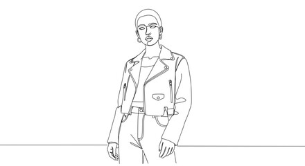 Minimalist line drawing of a confident model wearing a jacket  