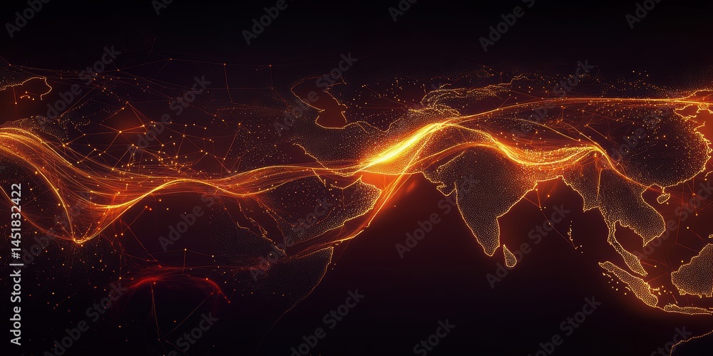Poster Abstract Golden Light Streaks and Dynamic Particle Flow on a Dark Background with Wave Like Motion and Futuristic Glowing Effects