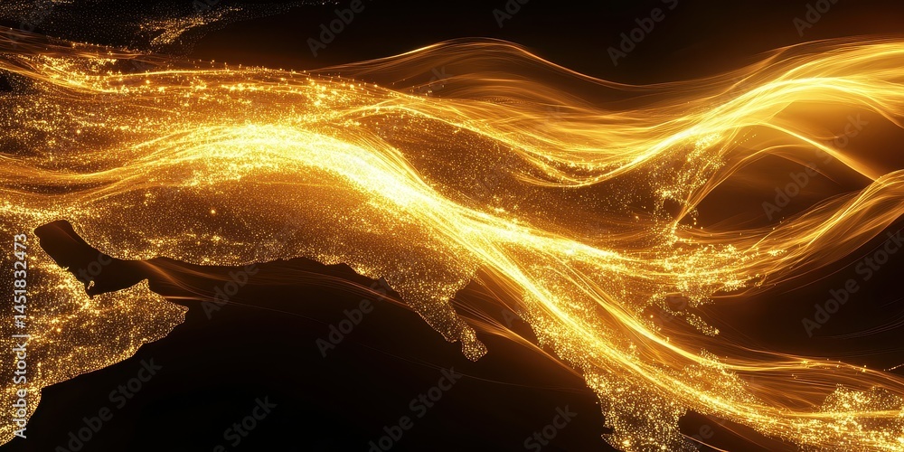 Poster Abstract Golden Light Streaks On Black Background Creating a Dynamic and Luxurious Visual with Twirling Particles and Elegant Curves ideal for Modern Designs and Celebratory Backdrops