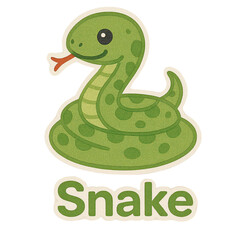 Fototapeta premium A cute green cartoon snake with a forked tongue and big eyes, coiled up with the word 