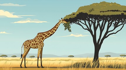 Giraffe eating acacia with African savanna. (1)