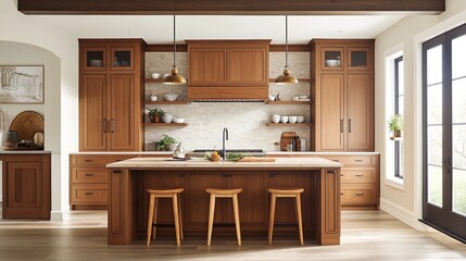 Warm-toned kitchen featuring wooden cabinets, a central island with bar stools, and modern lighting, blending functionality with a cozy ambiance.
