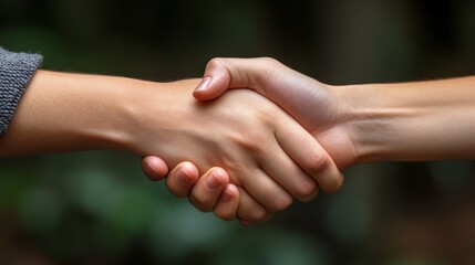Handshake: A close-up shot of a firm handshake between two people, symbolizing agreement, partnership, and respect, set against a natural background. 