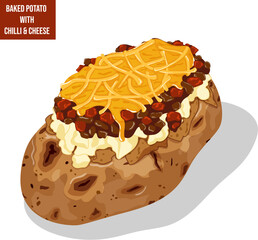 Spicy Baked Potato with Meaty Chili, Cheese Sauce and Cheddar. Traditional Jacket Potato Detailed Illustration