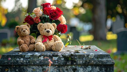 Memorial of Love: Two teddy bears and floral arrangement gently rest on a tombstone, symbolizing eternal affection. The scene captures a poignant moment of remembrance, enveloped in soft sunlight.