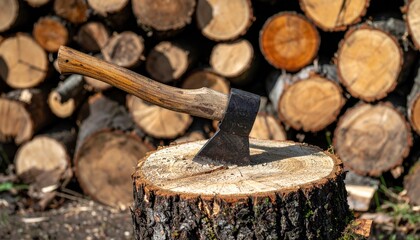 Axe and Wood: A close-up of an axe embedded in a tree stump with cut wood background, emphasizing the textures and tones of raw nature.