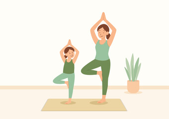 Mother and Daughter Practicing Yoga in Tree Pose – Flat Minimal Vector