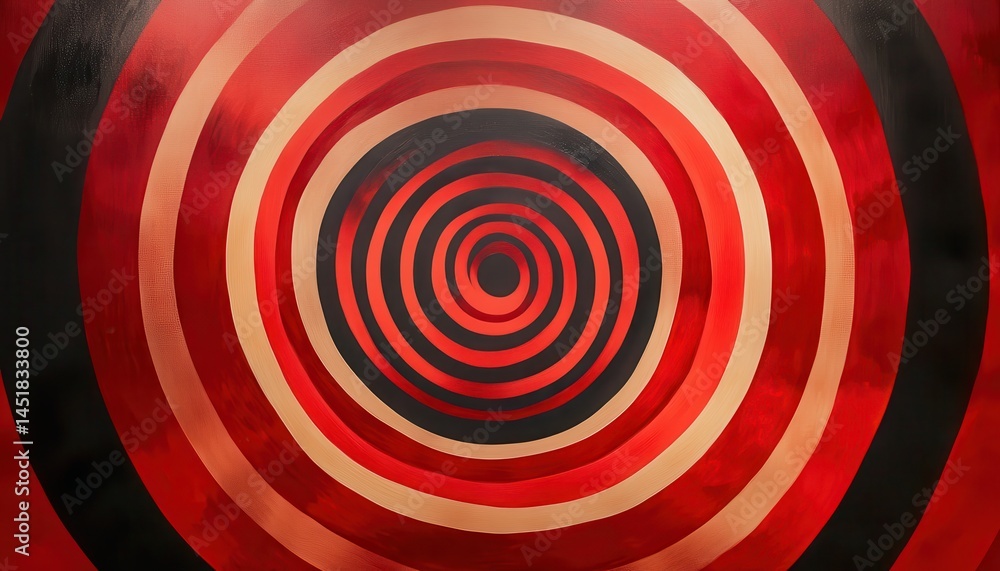Poster abstract hypnotic spiral with red and white concentric circles on black background