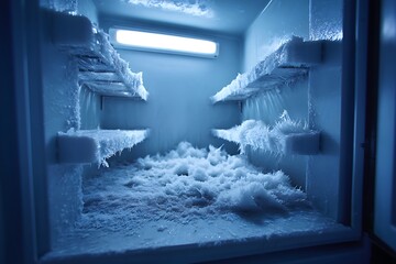 Inside view of a freezer with ice and frost buildup, highlighting common cold storage issues and the need for defrosting.