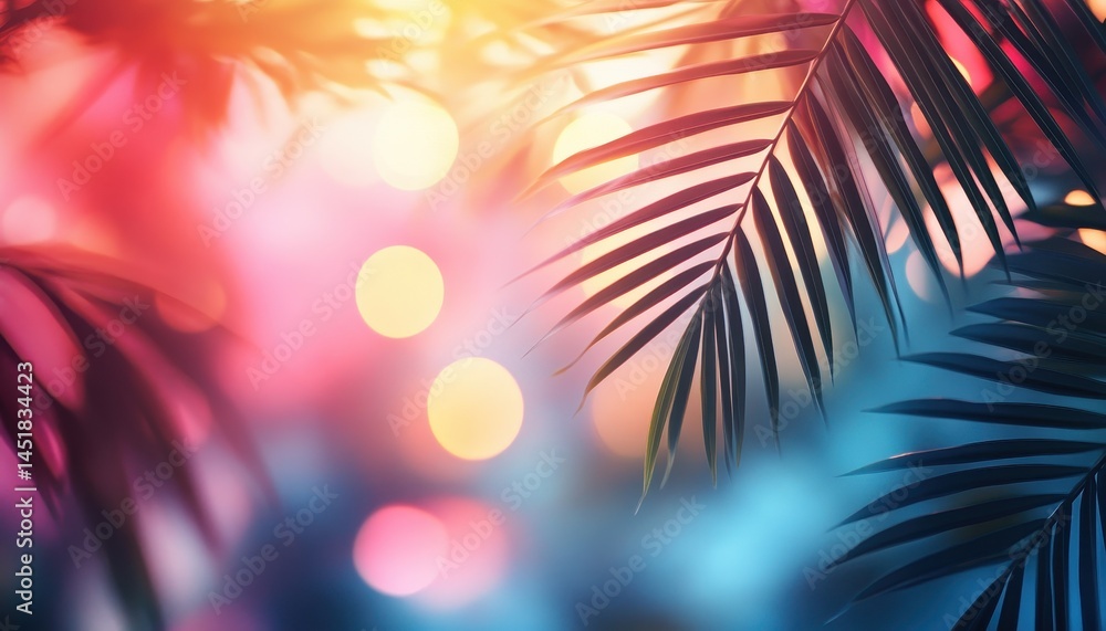 Poster Abstract Palm Leaf with Bokeh Lights on a Blurred Multicolored Background for Tropical Summer Holiday Vibe