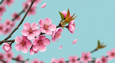 Obraz premium Flowering Cherry Blossoms on Branch with Light Blue Background