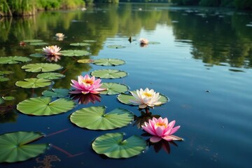 Water lilies forming a floral pattern across a still lake, reflection, floral photography, white