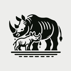 Rhinoceros Mother and Calf Drinking Water at Waterhole