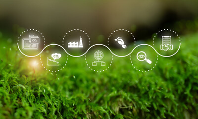 Carbon Data Open Protocol (CDOP) concept. Digital icons on green background representing CO2...