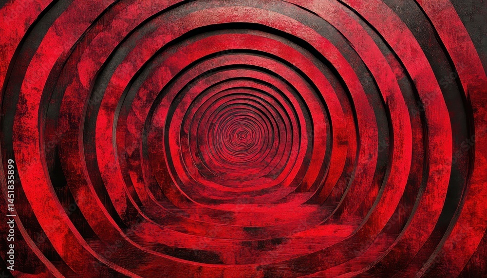 Poster Abstract Tunnel of Concentric Red Circles with Textured Surface Dark Geometric Design and Radial Pattern Creating a Spiral Vortex Effect