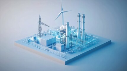 Isometric view of a clean energy power plant with wind turbine, factory, and power lines.