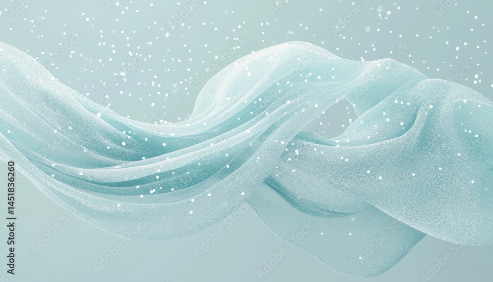 Poster Abstract Wavy Aqua Fabric with Glitter in Soft Light Abstract Blue Green Flowing Cloth with Sparkling Dots and Shimmering Texture in a Digital Rendering