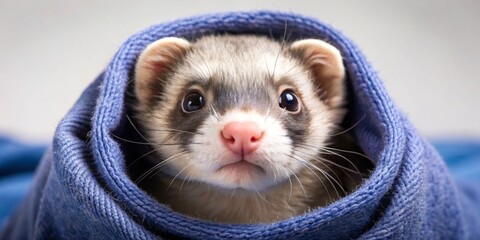 A curious ferret peeks from a cozy blue knitted garment, its expressive eyes and delicate whiskers captivating the viewer.