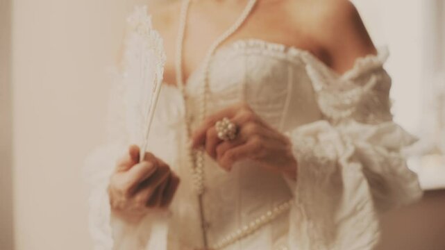 woman queen royal royal person classic room, Fantasy noble lady body part hand holding fan. Happy Princess girl, white vintage dress corset old style jewerly pearls detail. fairy tale video art 4k