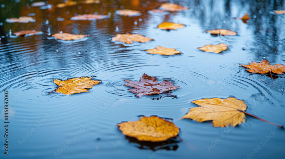 Poster autumn leaves floating on calm water surface with raindrops creating ripples and reflections