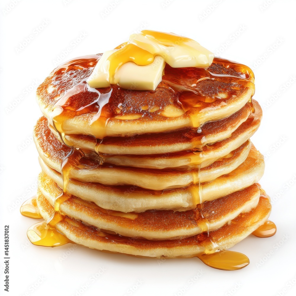 Poster stack of pancakes with butter and maple syrup