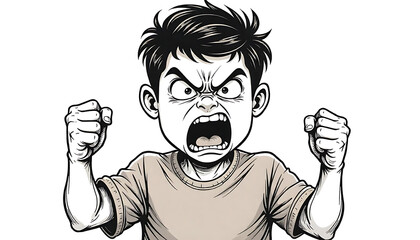 An expressive illustration of an angry child, with a determined face and clenched fists, ready to fight.