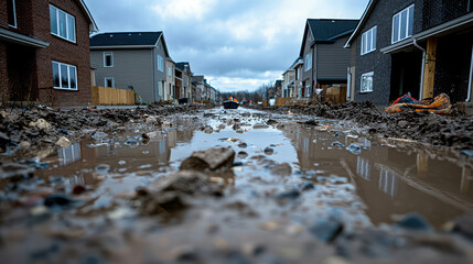 Muddy Residential Street After Rain with Houses and Puddles on Stormy Day