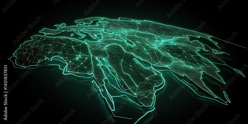 Poster Abstract World Map with Luminous Turquoise Network Connecting Continents on Black Background Indicating Global Connections and Geographical Regions