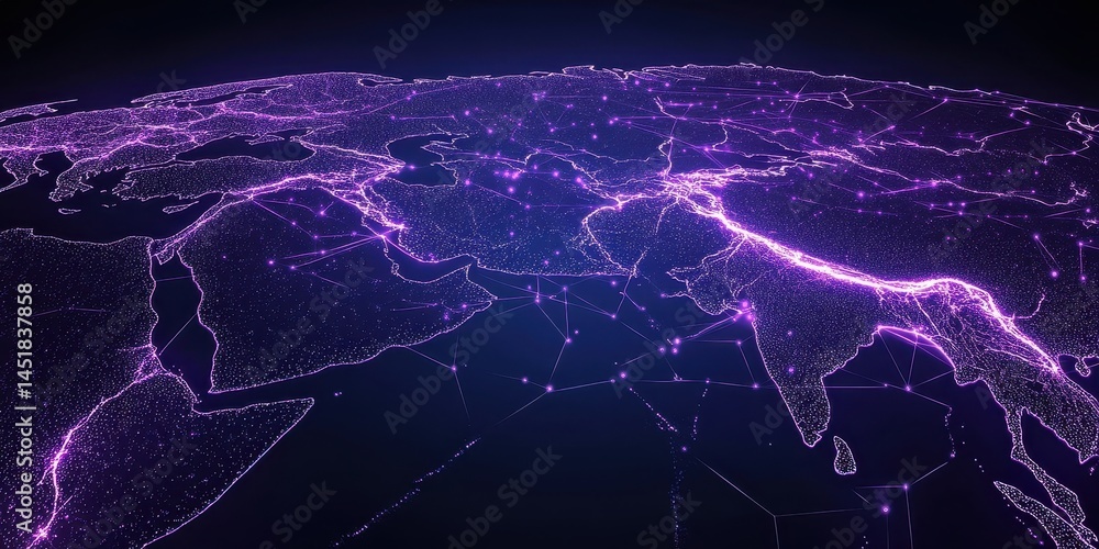 Poster Abstract World Map with Glowing Purple and Blue Dots Showing Continents and Regions Connecting Across Asia and Europe on a Dark Background
