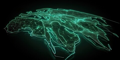 Abstract World Map with Luminous Turquoise Network Connecting Continents on Black Background Indicating Global Connections and Geographical Regions