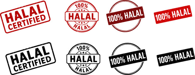 Vintage Halal Certified Stamp Set – 100% Halal Approval Grunge Style Badges – Islamic Food Label Icons – Distressed Rubber Stamp Vector Collection for Packaging, Labels, Branding, Product Design