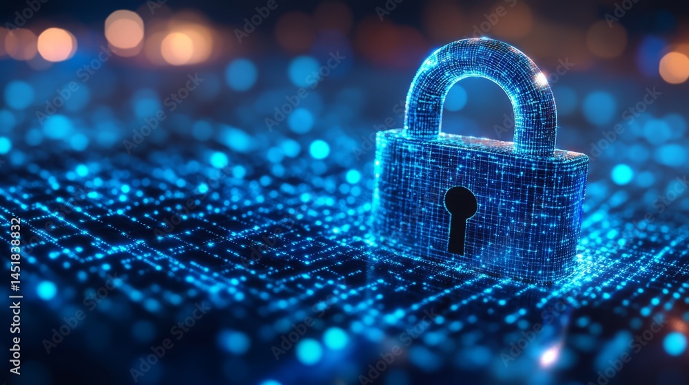 Poster cybersecurity lock: a digital padlock constructed from glowing data points sits on a circuit board, 