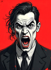 A dramatic illustration of an angry man, screaming, with a bold red background and striking look.